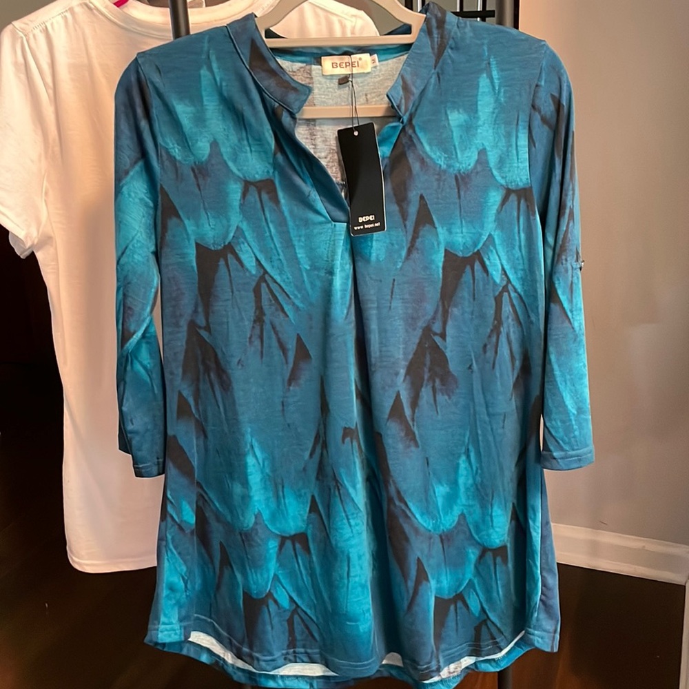 Bepei M Deep Teal Print Tunic Top